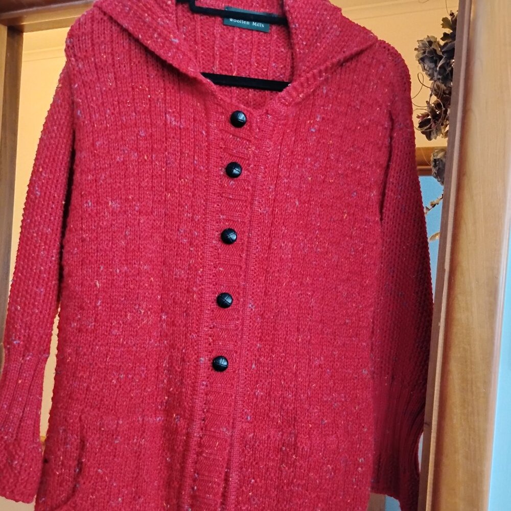 Blarney Mills Wool long red cardigan w/ hood     SZ M